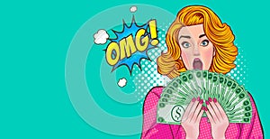 Shocking woman surprised say OMG and show lot of money in hands