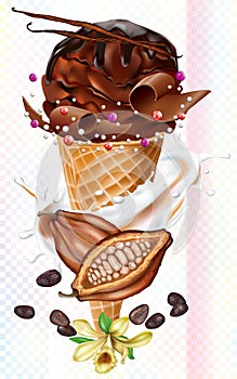 Shocolate Icecream in waffles cones and cocoa fruits