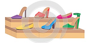 Shoe boxes with woman s footwear. Stylish modern woman s shoes on boxes, side view. Shoes in a store. Vector flat illustration