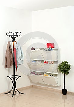 Shoe cabinet with footwear in room.