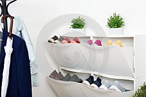 Shoe cabinet with footwear in room.