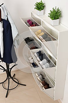 Shoe cabinet with footwear in room