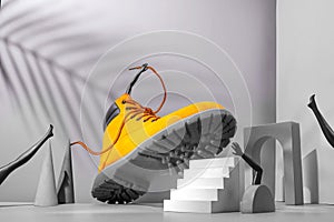 Shoe concept, yellow boots on the stairs, women`s legs and hands, palm shade on gray background, arch and other geometric shapes