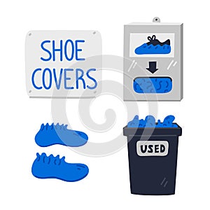 Shoe covers. Shoe covers station, wall sign, dispenser box and container for used. Hospital equipment. Simple flat style