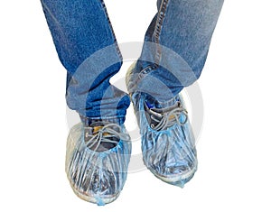 Shoe covers on shoes isolated, on white background.