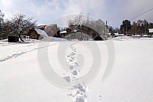 Shoe footprint in fresh snow on empty ski slope, winter snowy landscape on sunny day, white copy space, new year resolution