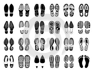 Shoe footprints, foot prints of sole and boot steps, vector silhouettes.