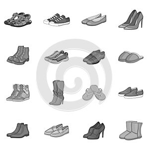 Shoe icons set, gray monochrome style