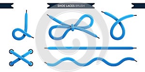 Shoe laces brush set isolated on a white background. Blue color. Realistic lace knots and bows. Modern simple design. Flat style