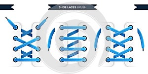 Shoe laces brush set isolated on a white background. Blue color. Realistic lace knots and bows. Modern simple design. Flat style