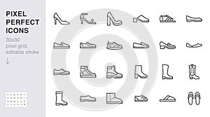 Shoe line icon set. High heels sandal, cowboy boots, hiking footwear, sneakers, slipper minimal vector illustrations