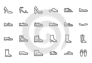 Shoe line icon set. High heels sandal, cowboy boots, hiking footwear, sneakers, slipper minimal vector illustrations