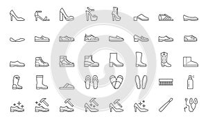 Shoe line icon set. High heels sandal, cowboy boots, hiking footwear, sneakers, slipper, moccasin, loafer minimal vector