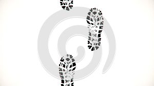 Shoe marks on white background. Abstract animation of walking in front of black boot prints on white background