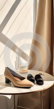 Modernism-inspired Portraiture: Beige Shoes And Sandals In A Room photo