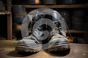 Shoe rack stories Military boots and old black shoes