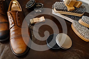 Shoe repair service concept, boots and polish