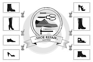 Shoe repair service. Vector image of logo. Trendy concept in old retro style