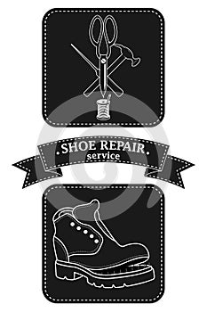 Shoe repair service. Vector image of logo. Trendy concept in old retro style