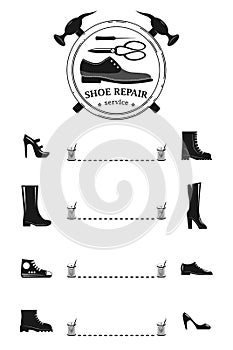 Shoe repair service. Vector image of logo. Trendy concept in old retro style. Vector vertical