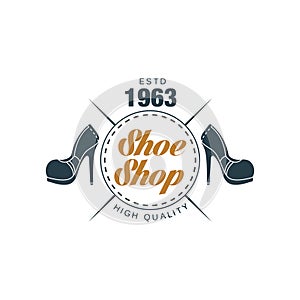 Shoe shop, high quality, estd 1963 badge for footwear brand, shoemaker or shoes repair vector Illustration