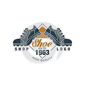 Shoe shop logo, estd 1963 vintage badge for footwear brand, shoemaker or shoes repair vector Illustration