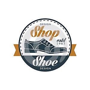Shoe shop logo, estd 1963 vintage round badge for shoemaker, shoe shop and shoes repair vector Illustration