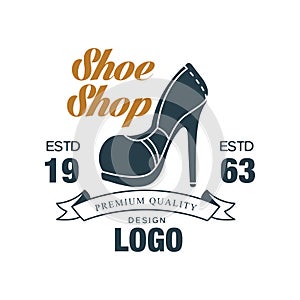 Shoe shop, premium quality design logo, estd 1963 vintage badge for shoemaker, shoe shop and shoes repair vector