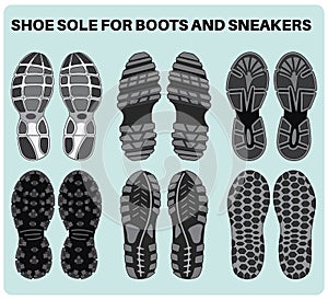 Shoe sole design pattern set vector for footwear, Sneaker, Boots, sandals, chukkas, slippers and flip flop. Shoe footprint