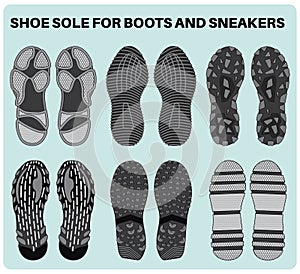 Shoe sole design pattern set vector for footwear, Sneaker, Boots, sandals, chukkas, slippers and flip flop. Shoe footprint