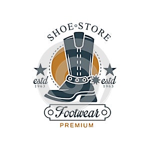 Shoe store, footwear premium, estd 1963, vintage badge for company identity, brand, shoemaker or shoes repair vector