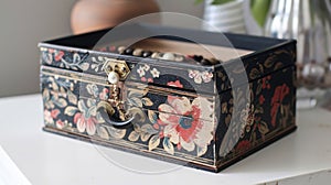 A shoebox beautifully decorated and repurposed into a stylish storage box for jewelry or accessories photo