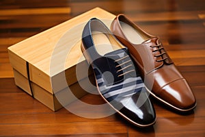 shoebox with mens polished loafers on hardwood floor