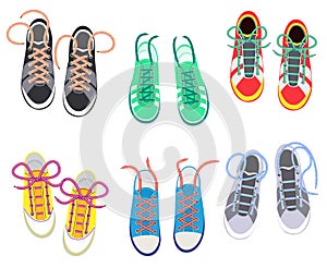 Shoelaces on snickers vector shoestring or shoe-laces and fashion accessory for footwear or footgear illustration set of