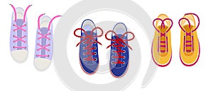 Shoelaces on snickers vector shoestring or shoe-laces and fashion accessory for footwear or footgear illustration set of photo