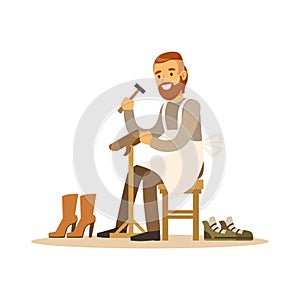 Shoemaker mending a shoe in workshop colorful character vector Illustration