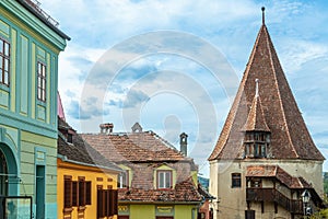 Shoemakers guild tower and colorful romanian houses, Sighisoara, Transylvania