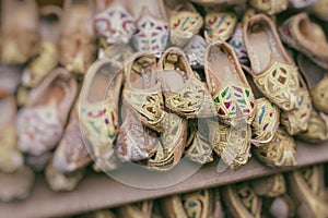 Shoes in arabian style, market of Dubai. Selective Focus