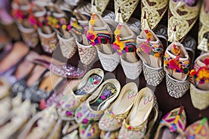 Shoes in arabian style, market of Dubai. Selective Focus