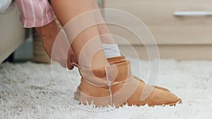 Shoes, bedroom and woman feet wake up from bed rest, sleeping and start good morning after relaxing at home. Closeup