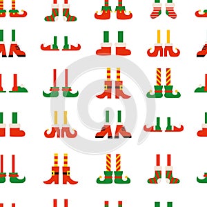 Shoes and boots for elves feet. Santa Claus helpers. Seamless pattern, endless texture, decorative Christmas holiday