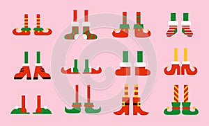 Shoes and boots for elves feet. Santa Claus helpers. Vector collection of cute cartoon Christmas holiday elf feet and