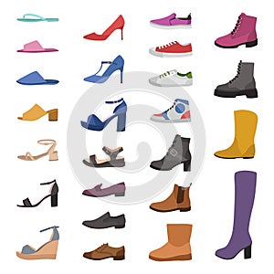 Shoes and boots. Various types footwear, mens, womens and childrens trendy casual, stylish elegant and formal shoes