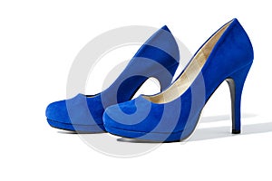 Shoes fashion woman closeup. Close-up high heels pair women shoes  on white background. Elegant luxury female Blue