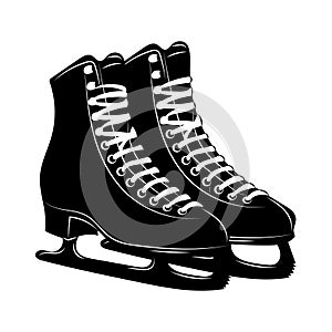 Shoes for figure skating. Black white illustration of ice skates. Winter sport. Linear art. Tattoo.