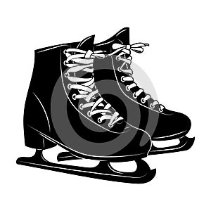 Shoes for figure skating. Black white illustration of ice skates. Winter sport. Linear art. Tattoo.