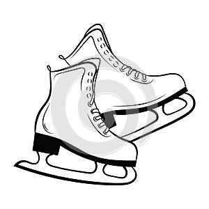 Shoes for figure skating. Black white illustration of ice skates. Winter sport. Linear art. Tattoo.