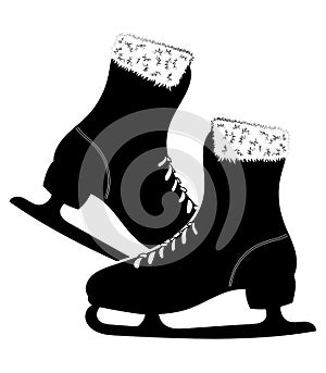 Shoes for figure skating. Black white illustration of ice skates. Winter sport. Linear art. Tattoo.