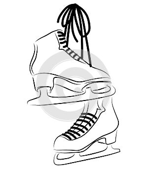 Shoes for figure skating. Black white illustration of ice skates. Winter sport. Linear art. Tattoo.