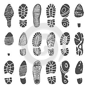 Shoes footprint silhouette. Sneaker shoes step, walking boot shoe steps imprint and man feet boots isolated vector